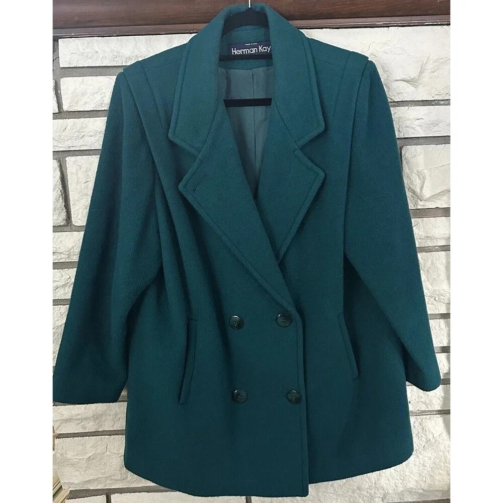 Vintage Herman Kay Coat Womens 16P Green Wool Blend Pea Button Front 90s Office